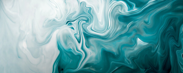 Obraz premium Swirling teal and white marbled liquid, abstract background with fluid patterns