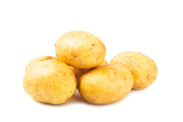 Young potatoes. Raw potatoes isolated on white background.Peel potatoes.Harvesting collection. organic, freshly dug potatoes. Agricultural background. Vegan. Vegetables.Potato slices.