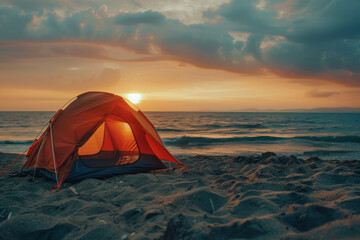 photo of a tent on the sandy beach at sunset, at a campsite near the sea or ocean in nature. depicting a summer travel concept