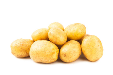 Young potatoes. Raw potatoes isolated on white background.Peel potatoes.Harvesting collection. organic, freshly dug potatoes. Agricultural background. Vegan. Vegetables.Potato slices.