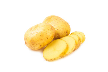 Young potatoes. Raw potatoes isolated on white background.Peel potatoes.Harvesting collection. organic, freshly dug potatoes. Agricultural background. Vegan. Vegetables.Potato slices.