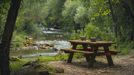 Fototapeta premium Picnic table with and barbecue grill near the forest river