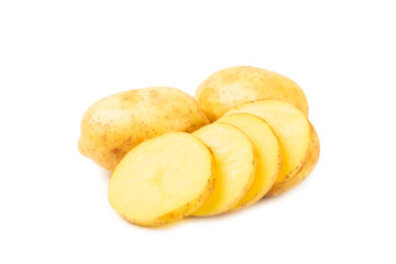 Young potatoes. Raw potatoes isolated on white background.Peel potatoes.Harvesting collection. organic, freshly dug potatoes. Agricultural background. Vegan. Vegetables.Potato slices.