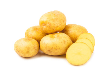 Young potatoes. Raw potatoes isolated on white background.Peel potatoes.Harvesting collection. organic, freshly dug potatoes. Agricultural background. Vegan. Vegetables.Potato slices.