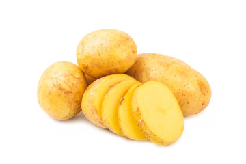 Young potatoes. Raw potatoes isolated on white background.Peel potatoes.Harvesting collection. organic, freshly dug potatoes. Agricultural background. Vegan. Vegetables.Potato slices.