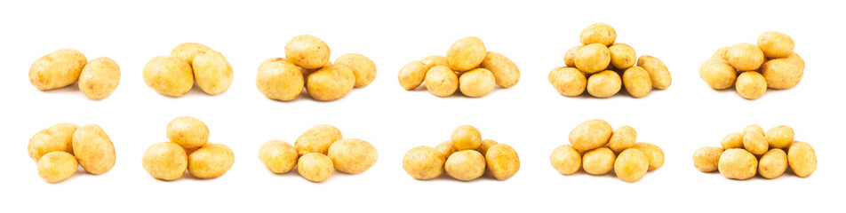 Young potatoes. Raw potatoes isolated on white background.Peel potatoes.Harvesting collection. organic, freshly dug potatoes. Agricultural background. Vegan. Vegetables.Potato slices.