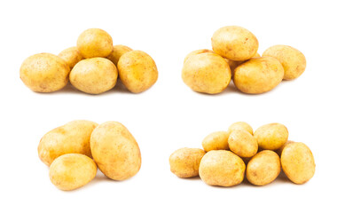 Young potatoes. Raw potatoes isolated on white background.Peel potatoes.Harvesting collection. organic, freshly dug potatoes. Agricultural background. Vegan. Vegetables.Potato slices.