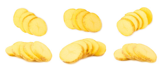 Young potatoes. Raw potatoes isolated on white background.Peel potatoes.Harvesting collection. organic, freshly dug potatoes. Agricultural background. Vegan. Vegetables.Potato slices.