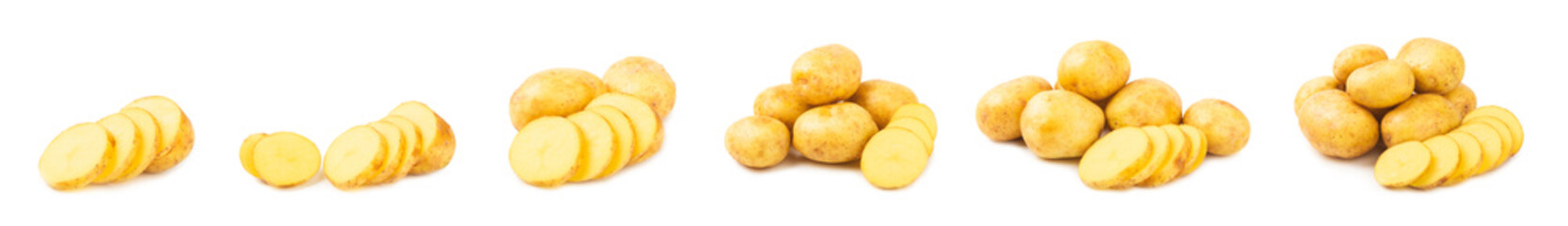 Young potatoes. Raw potatoes isolated on white background.Peel potatoes.Harvesting collection. organic, freshly dug potatoes. Agricultural background. Vegan. Vegetables.Potato slices.