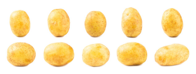 Young potatoes. Raw potatoes isolated on white background.Peel potatoes.Harvesting collection. organic, freshly dug potatoes. Agricultural background. Vegan. Vegetables.Potato slices.