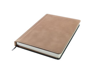 A tan leather bound book with a black spine and a white cover