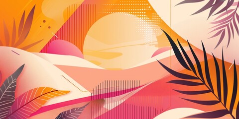 Fototapeta premium Abstract Tropical Landscape with Orange, Pink, and Yellow Colors and Geometric Shapes