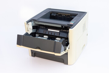 Office Printer Open for Repair Work on White Background