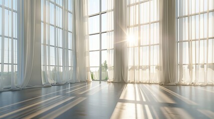 Fototapeta premium An empty light room with floor-to-ceiling windows and sheer curtains diffusing the sunlight