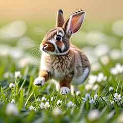 A rabbit running excitedly in the grass with a fresh spring scent , Generative AI