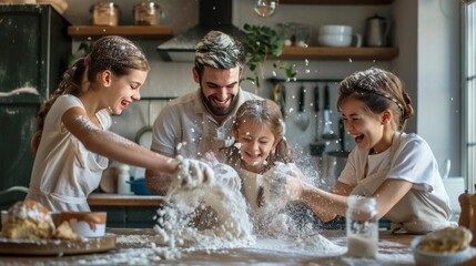 Playful parents and kids having a flour fight while baking in the kitchen