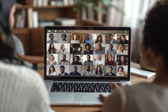 Two people participating in a virtual business meeting on laptop