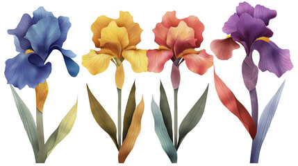 Vivid paper irises, decorative floral design element, clip art set, isolated on transparent background