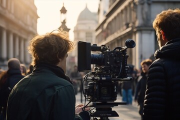 A film crew is preparing at a historical location, arranging camera gear and lights for a new film scene