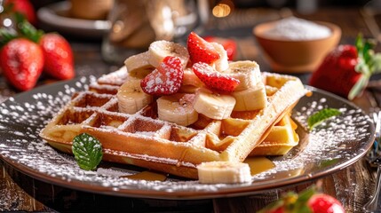 A beautifully plated waffle with sliced bananas, strawberries, and a dusting of powdered sugar.