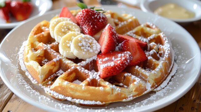 A beautifully plated waffle with sliced bananas, strawberries, and a dusting of powdered sugar. - Powered by Adobe