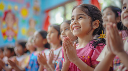 Group of children smiling and clapping enthusiastically in a colorful classroom setting.