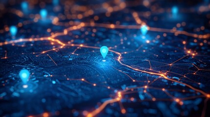 Futuristic map with location pins and glowing network
