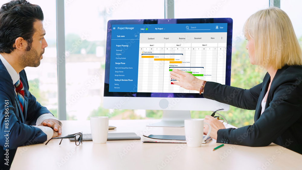 Poster project planning software for modish business project management on the computer screen showing time