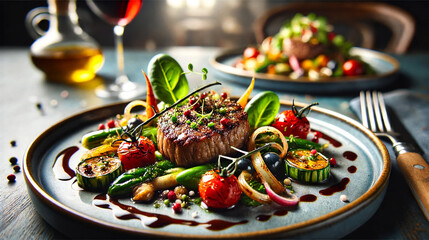 Beautifully plated dish with steak, vegetables, vibrant colors, and elegant presentation.