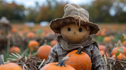 Close-up of a scarecrow surrounded by pumpkins in an autumn field, with colorful trees in the background