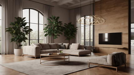 Fototapeta premium Loft style in tv room interior wall mockup on concrete wall,3d rendering, interior design 