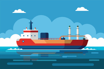 a cargo ship at sea during the day. it is large, with many containers on deck. the theme is maritime transportation and global trade, showing how goods are transported across the oceans.