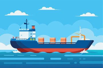 a cargo ship at sea during the day. it is large, with many containers on deck. the theme is maritime transportation and global trade, showing how goods are transported across the oceans.