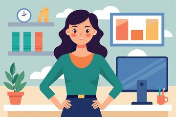 manager standing in front of a table with various items on it.  On the table there is a computer monitor with charts, a cup with pens, some folded books and a pot with a plant.