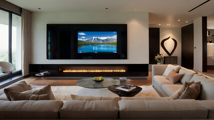 Fototapeta premium Loft style in tv room interior wall mockup on concrete wall,3d rendering, interior design 