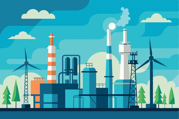 Obraz premium An industrial landscape associated with energy production. It depicts wind turbines, and buildings with smoking chimneys and a cooling tower, indicating production from fossil fuels.