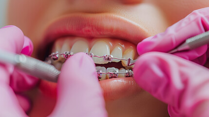 Close-up of an orthodontist's hands adjusting braces on a patient's teeth. Suitable for dental, healthcare, and medical themes. Generated AI