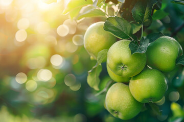 green apples hang on the tree branch against a blurred background of a sunny garden