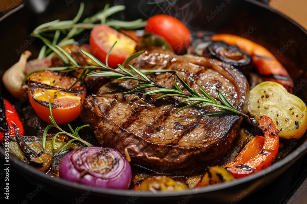 Wall mural Sizzling beef steak with grilled vegetables and rosemary sprig  - Wall murals