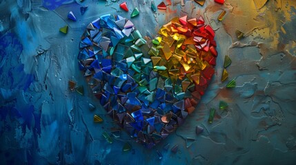 A heart shape with blue and rainbow pieces