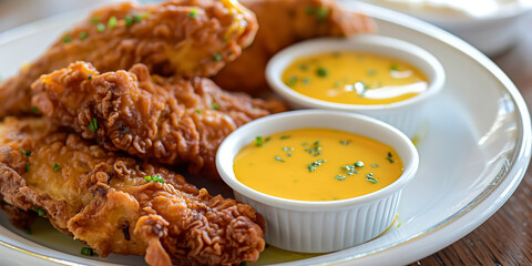Crispy chicken tender with a side of honey mustard dip 
