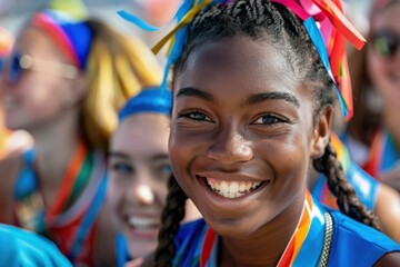 Fototapeta premium Portrait of a Cheerful Young Black Woman with a Rainbow Ribbon in Her Hair