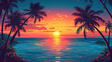 Sunset Over Tropical Ocean with Silhouetted Palm Trees