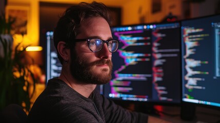 Side view of professional software developer coding program or engineering prompt. Skilled programmer typing computer and laptop while developing system with blurring background. Technology. AIG42.