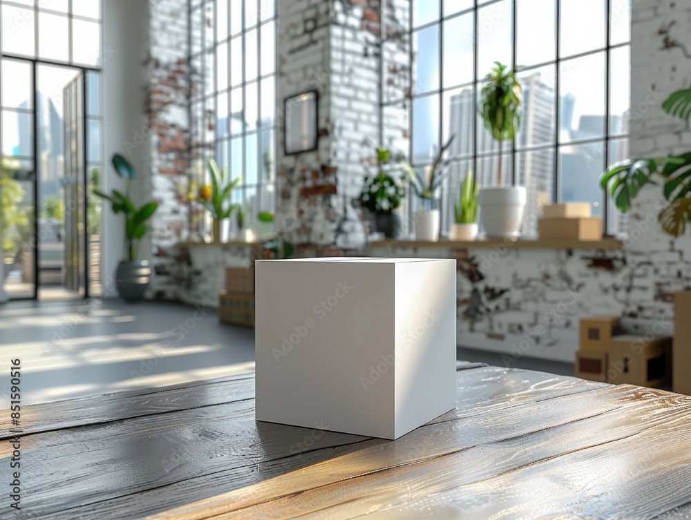 Wall mural White Box Mockup on Rustic Wooden Table in Modern Loft Studio with City View