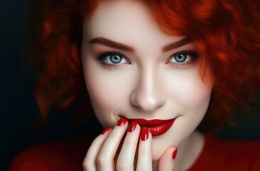 Fototapeta premium Beautiful smiling young model with red lips. Perfect skin makeup. Young happy optimistic woman.
