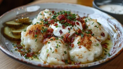 A plate of traditional Lithuanian cepelinai dumplings topped with crispy bacon bits and sour cream, served with a side of pickles