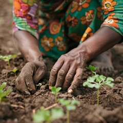 Close-up of hands planting young seedlings in soil, representing sustainable agriculture and organic farming practices