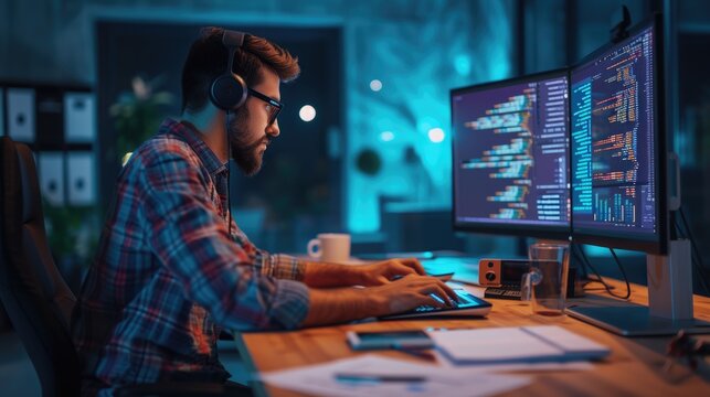 A software developer works on code late into the night, illuminated by the glow of multiple computer screens in a modern office. AIG41