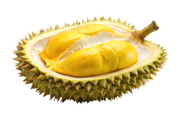 Obraz premium Fresh Half Durian Fruit with Yellow Pulp Isolated on White Transparent Background, png element
